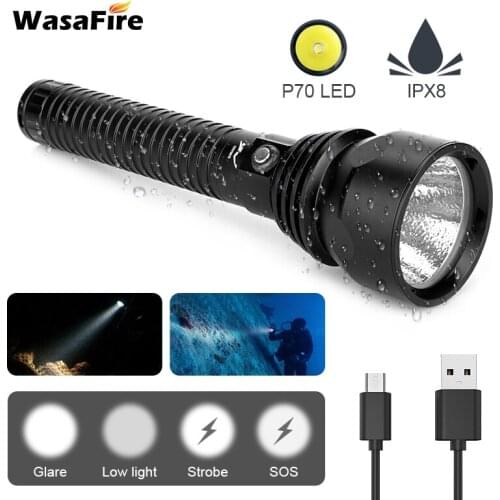Wasafire Xhp 70 LED Diving Flashlight Waterproof IPX 8 White Aluminum Alloy Bright Long-Range Strong Light Charging Flashlight