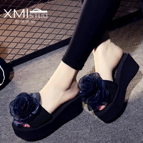 5cm High Heel Womens Summer Flip-flops Female Flowers Fashion Sandals and Slippers Thick Bottom Non-slip Beach Shoes Slippers