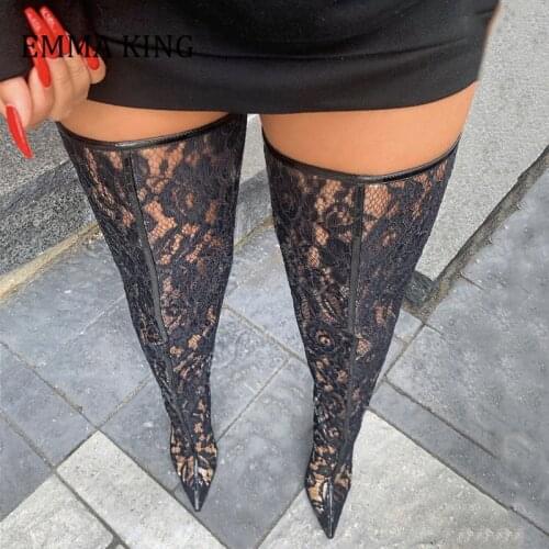 2021 Spring Women Lace With PVC Thigh High Boots Pointed Toe Stiletto High Heels Transparent Over The Knee Boots Bigger Size 44