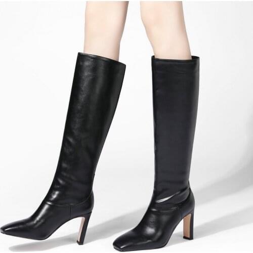2020 Brand Women Boots Fashion Square Toe High Heel Knee High Boots Autumn Winter Zipper Woman Boots