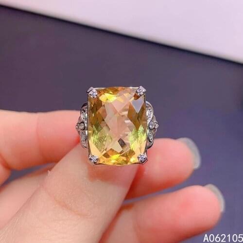 925 pure silver Chinese style natural Citrine womens luxury classic rectangle adjustable gem ring fine jewelry support detectio