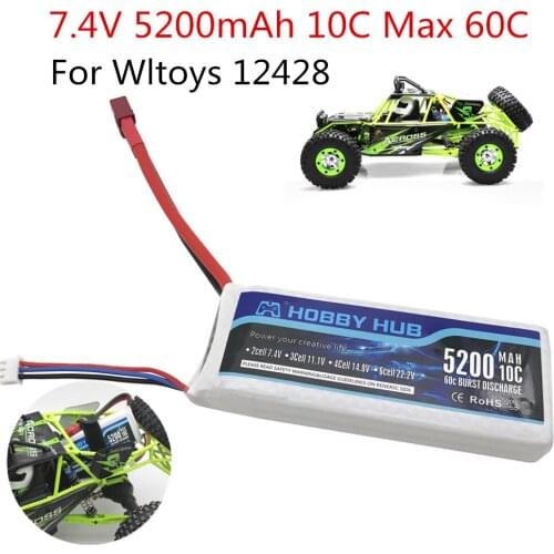 1PCS Hobby Hub RC 2S Lipo Battery 7.4V 5200mAh 10C Max 60C For Wltoys 12428 12423 upgrade 7.4V Battery parts For RC Boat Car