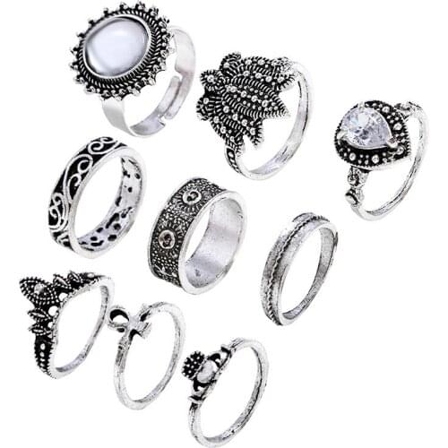 9 Pcs/Set Carving Flower Simplicity Geometric Rings Womens Fashion Personality Vintage Crown Rhinestones Stylish Knuckle Rings