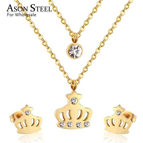 ASONSTEEL Jewelry 316L Stainless Steel Crown Gold Bridal Wedding Jewelry Set for Women Necklace Pendant Small Stud Earring
