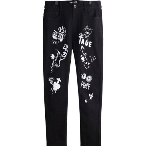 Black Slim mens lettered jeans with pattern elastic versatile high street dark big size fashion