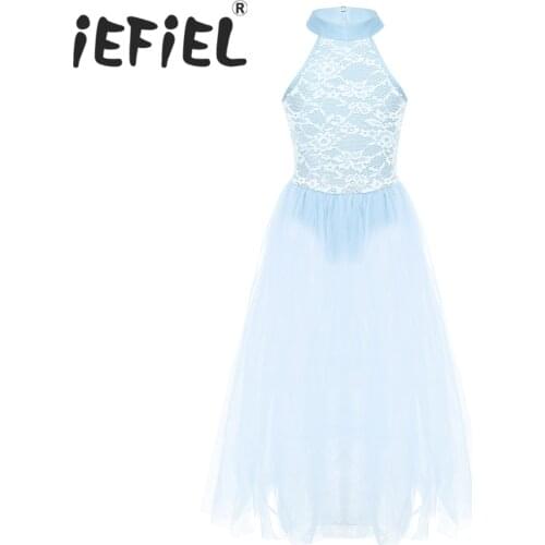 Children Kids Girls Teens Sleeveless Backless Floral Lace Over-Bodice Ballet Dance Costume Leotard Mesh Tutu Long Perform Dress