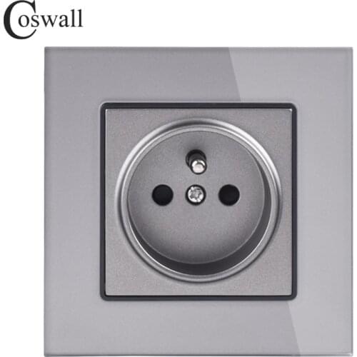 Coswall Crystal Glass Panel Wall Power Socket Grounded 16A French Polish Electrical Outlet Gray Grey Colorful