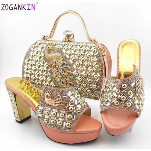 Italian Lady Matching Shoe and Bag 2020 Hot Selling Material with Pu Nigerian Shoes and Bags Set for Party in Peach Color