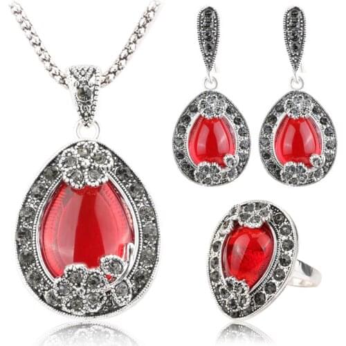 MIQIAO Silver Plated Color Stone Luxury Vintage Boho Rings Collar Chains Necklace Stud Earring Jewelry Sets for Women Wedding
