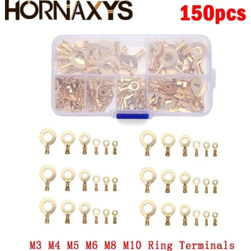 M3/M4/M5/M6/M8/M10 Ring Lugs Ring Eyes Copper Crimp Terminals Cable Lug Wire Connector Non-insulated Diy Assortment Kit 150PCS