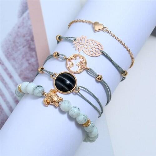 L&H 5PCS/Set Hot Sales Elegant Bracelets Set Double Thin Blue Link Bracelets For Women Heart/Beads/Pineapple Bracelets Bangles