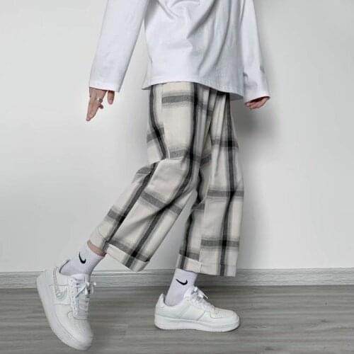 Summer Japanese Plaid Slacks for Men with Drop-inspired Wide-leg Streetwear Pants Loose Straight Pants Mens Fashion Trousers
