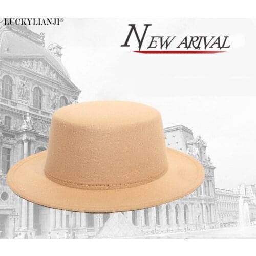 LUCKYLIANJI Vintage Retro Women Girl Solid Color Pork Pie Elegant Wool Felt Flat Oval Top Porkpie Bowler Hat (One Size: 57cm)