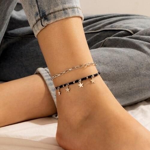 Fashion Boho Tassel Anklets Womens Bohemia Pentagram Black Rice Beads 2 Times Alloy Star Anklets Jewelry for Girls