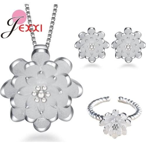 Fashion Lotus Flower Enamel Jewelry Set S925 Sterling Silver Bridal Jewelry Sets for Women Wedding Pendan+Necklace+Earring+Ring