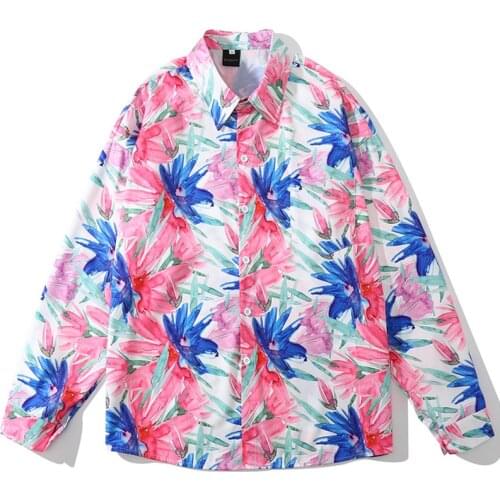 Mens Floral Print Hawaii Beach Shirts Harajuku Streetwear Fall Long Sleeve Oversize Blouse Unisex Button Shirts camisa masculina