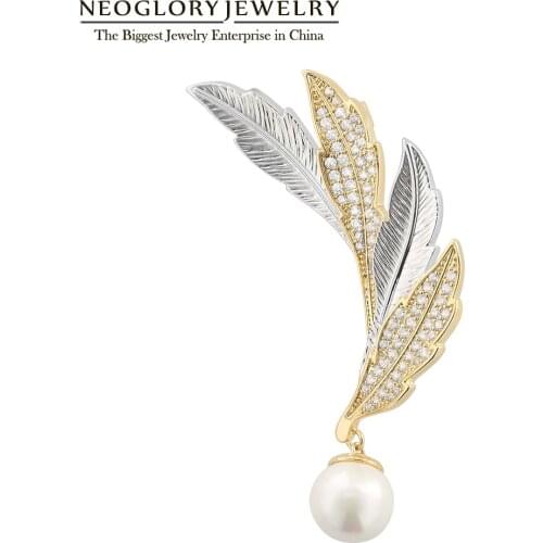 Neoglory Elegant Two Tone Leaves with Shell Pearl Brooch For Women Personality Gold & Silver Plated Coat Pins Mothers Day Gifts