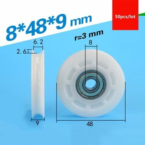 50pcs U groove Plastic coated bearing 608ZZ 8*48*9mm POM roller thin line guide wheel nylon pulley sheave