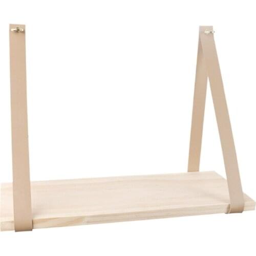 Wall Wood Floating Frame Storage Holder Hanging Shelf Leather Strap Swing Decor