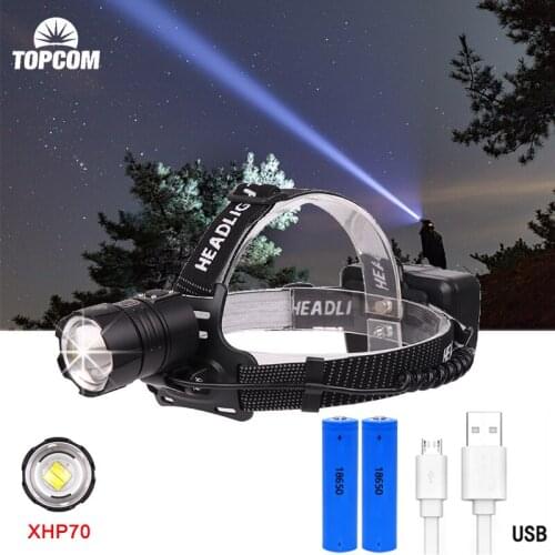 Topcom XHP70 LED Headlamp XHP70 Headlight Rechargeable Zoom Power Bank Head Lamp 3-Mode 18650 Battery Torch For Camping Hunting