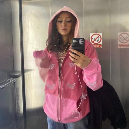 90s Streetwear Butterfly Print Rhinestone Zip-per Tracksuits Y2K Fashion Oversized Zippper Hoodies Sweatpants