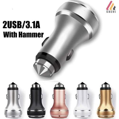 Quick 2USB Car Charger 2.0 3.1A, Universal Dual USB Fast Car Charger Hammer Aluminum Car-Charge For iPhone Samsung Xiaomi Huawei