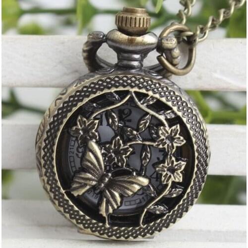 Vintage butterfly Hollow out Modern hours jewelry Necklace pocket watches gift