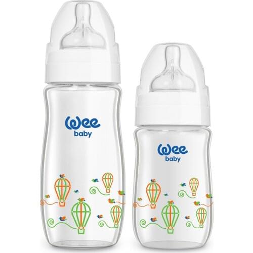 Wee Baby Classic Plus Wide Toe Heat Resistant Glass Baby Bottle 2'li (180 + 280 ml) Pink