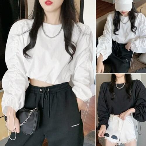 Womens Drawstring Pleated Shirt Womens Long Sleeve Fall New Design Sense Niche Loose Short Top One Size