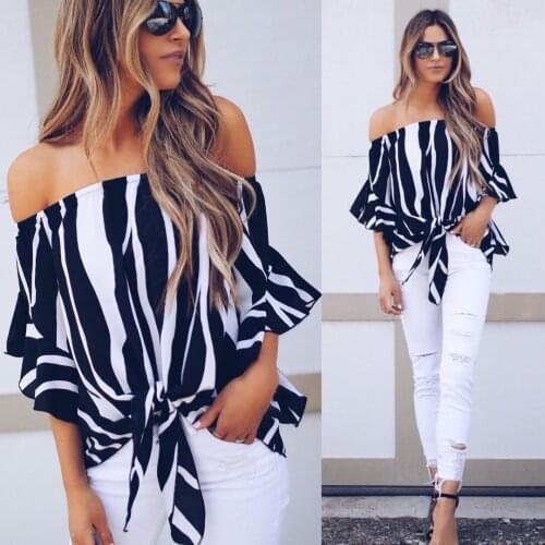 Women Off Shoulder Chiffon Shirts Top 2021 Summer Slash Neck Flared Sleeves Blouse Summer Casual Half Sleeve Female Tops Blusas