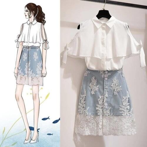 2 Piece set 2020 Summer Womens Ruffle Strapless T-shirt +Lace Stitching Skirt Sets Women Fashion Elegant Chic Skirts Suits J35