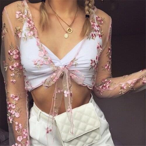Ladies Summer New Style Womens Sexy Mesh See-through Floral Embroidery Crop Top Ladies Casual Long-sleeved Front Tie Top 2021