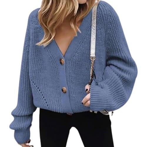 Autumn Solid Cardigan Sweaters Women Deep V Neck Long Puff Sleeve Buttons Sweater Loose Jacket Coat Top Outerwear Pullovers
