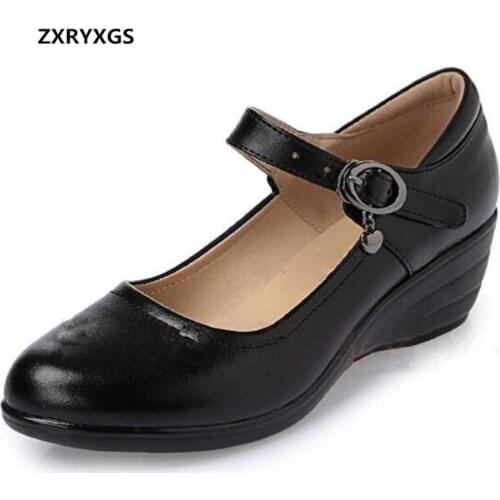 ZXRYXGS Brand Shoes Women High Heel Shoes 2019 New Shallow Mouth Wedge Comfort Real Leather Shoes Casual Black Work Women Shoes