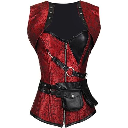 3 Colors Retro Gothic Corset With Mini Jacket and Pouch Belt Woman Sexy Steel Boned Corset Steampunk Corsets Leather Espartilhos