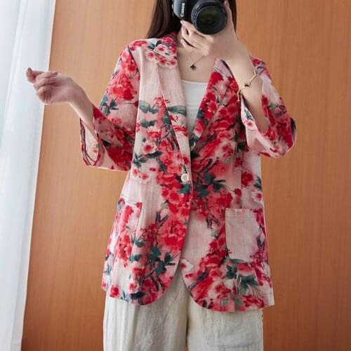 #5220 Summer Thin Vintage Blazer Women Three Quarter Sleeved Loose Suit Jacket Female Single Button Cotton Linen Blazer Woman