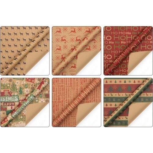 6 Sheet Christmas Wrapping Paper Kraft Paper with Tree Elk Pattern Bag Packaging