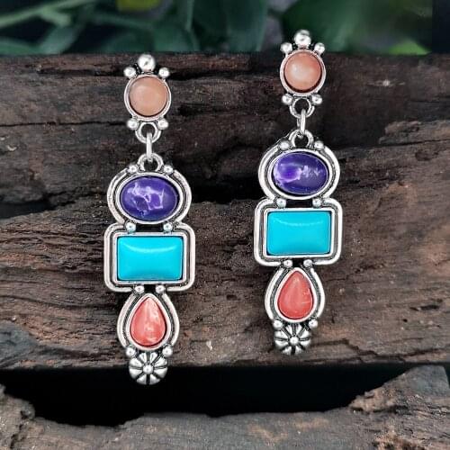 Bohemian Natural Stone Turquoises Crystals Gem Drop Earring for Women Party Jewelry