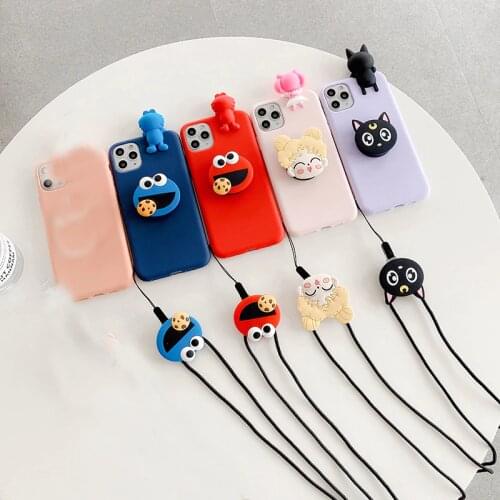 For Samsung Galaxy S6 S7 Edge S8 S9 S10 S20 Ultrar FE Note 5 8 9 10 20 Plus Sailor Moon Luna Grip Stand Holder Rope Phone Case