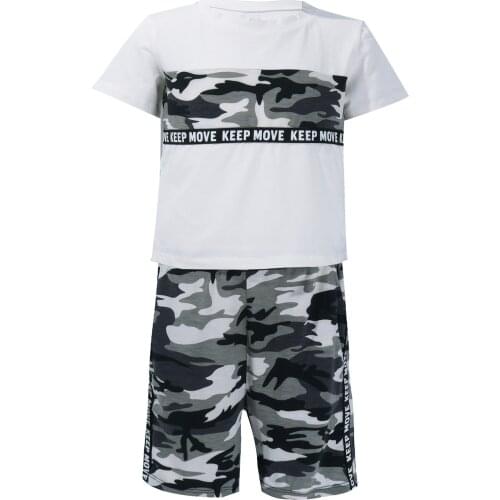 Kids Boys Summer Camouflage Printed Casual Sport Suit Short Sleeves Webbing Stitching T-shirts and Shorts Set for Running Gym