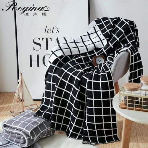 REGINA Brand Two-sided Knitted Plaid Blanket Classic Black-white Gray-white Elegant Sofa TV Throw Blanket Outdoor Travel Throws