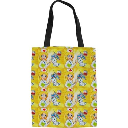 FORUDESIGNS Women Shopping Bag Vet Hospital Pattern Cartoon Fashion Shoulder Bag Female Causal Linen Tote Travel Shopping Bag