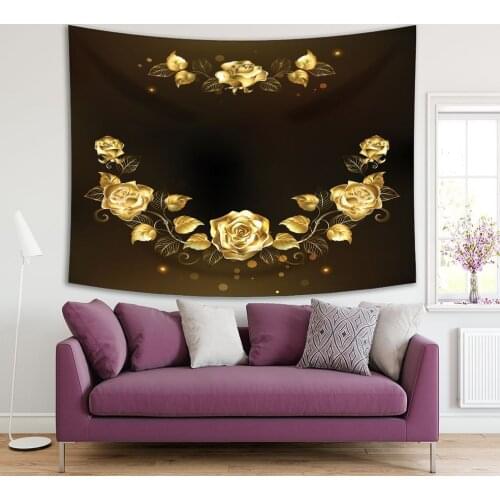 Tapestry Gold Roses on Brown Background Flower Bouquet Floral Vintage Decorative Artwork Printed