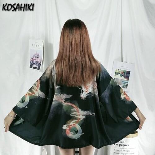 KOSAHIKI Kimono Women Japanese Cardigan Yukata Summer Jacket Harajuku Streetwear Dragon Print Samurai Clothes Yukata Haori Obi