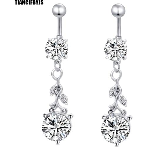 TIANCIFBYJS Charm Round Zircon Dangle Screw Navel & Belly Button Rings Stainless Steel 14G Tragus Earrign Body Piercing Jewelry