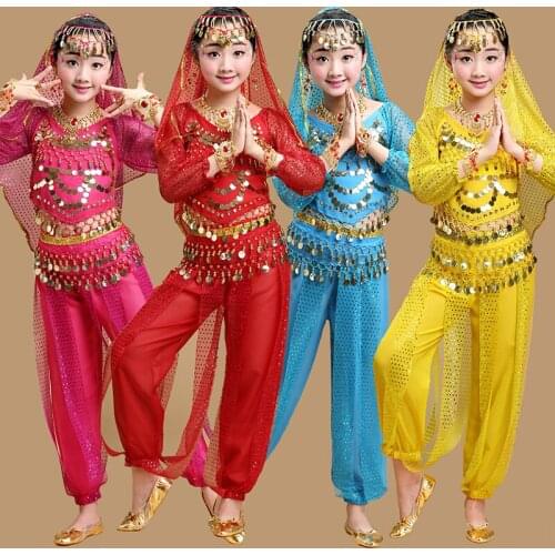 Belly Dance Performance Clothing Sets Childrens Costumes Ethnic Long Sleeves Sequin Indian Dancing Costumes For Kids Girls