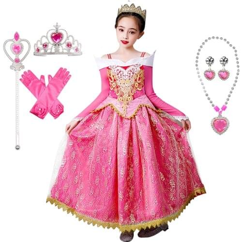 Summer Aurora Girls Princess Dress Party Costume Long Sleeve 4 Layers Cosplay Long Dress Halloween Clothing Baby Birthday Gift