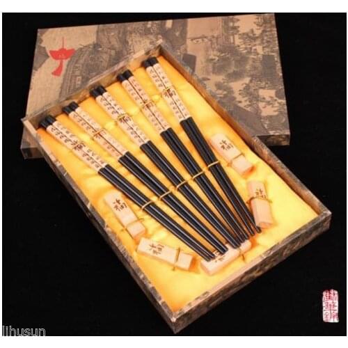 Lots 5pairs Chinese Handmade Vintage Wooden Fu Chopsticks With 5 Cute Support