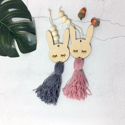 Cartoon Rabbit Kids Room Wall Hanging Decoration Wood Stars Sleepy Eyes Cute Cat Eyelash Beads Tassel Wall Hanging Crafts Gift