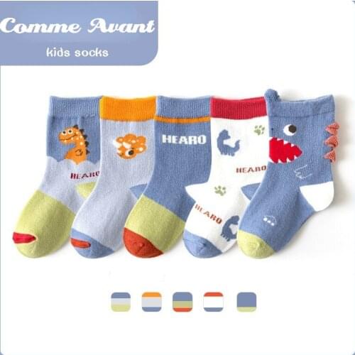 New 5 Pairs/pack Boy Socks 21 Autumn Winter Children Socks Kids Cotton Socks Students Boys Cartoon Dinosaur Socks For 1-12years